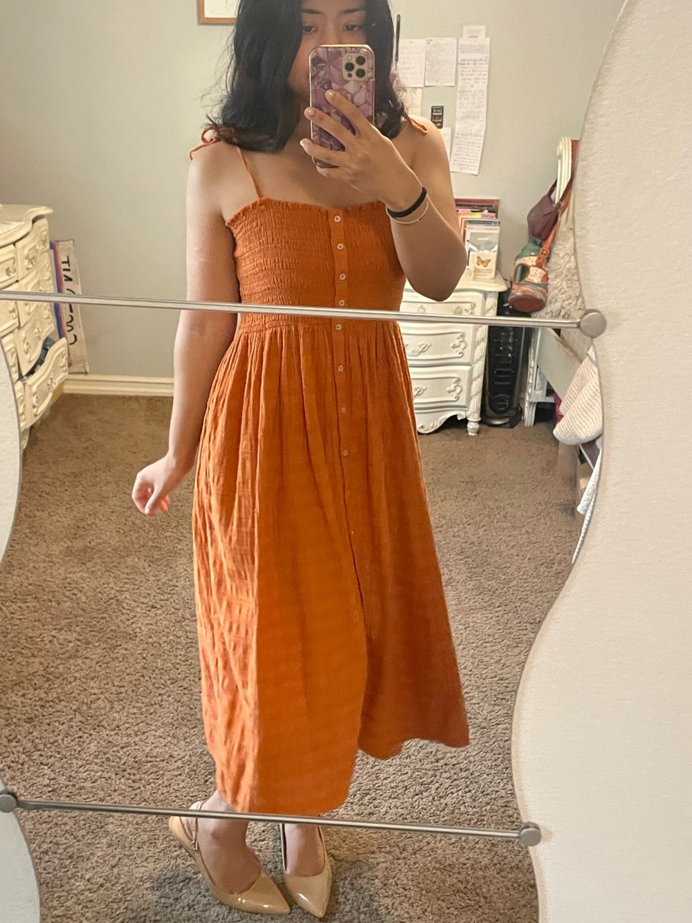 Rust Orange Button-Front Midi Sundress